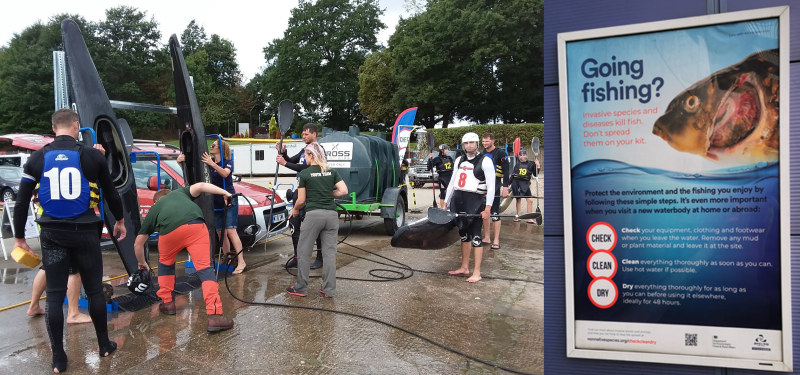 Two images. Left image is volunteers washing canoes and kayaks at a paddling competition. Right image is a poster aimed at anglers travelling abroad with their angling equipment. The poster has a photo of a diseased fish and guidance on how to reduce the risk of introducing diseases and invasive species.
