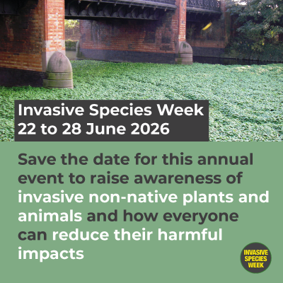 Image of river covered in floating plant, with text reading 'save the date for this annual event to raise awareness of invasive non-native plants and animals and how everyone can reduce their harmful impacts