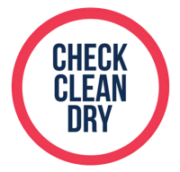 A white circle with a red outline contains dark blue text reading: Check Clean Dry