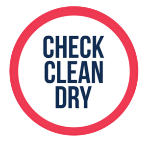 Navy text in a white circle with red outline reads 'Check Clean Dry'