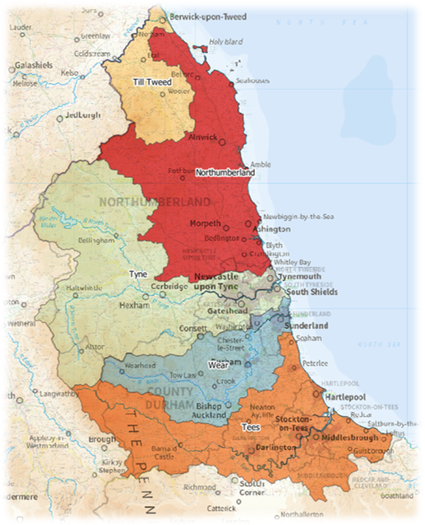 Map of North East England with the area covered by the regional group higlighted