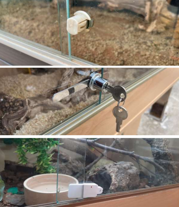 three vivariums with different locks